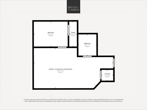 A black and white image of a floor plan for a property named Brick+Timber.